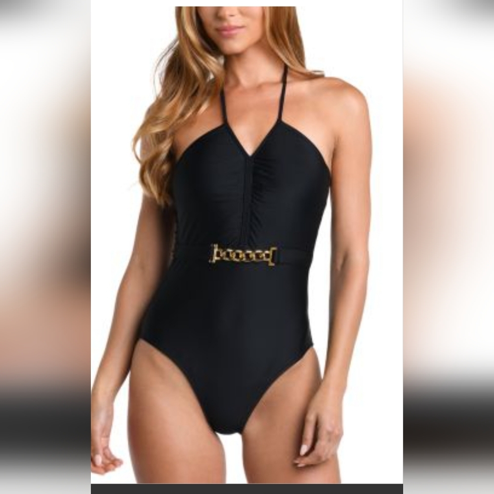 L'AGENCE LEILA SOLID HALTER NECK ONE PIECE SWIMSUIT IN BLACK / SIZE:LARGE